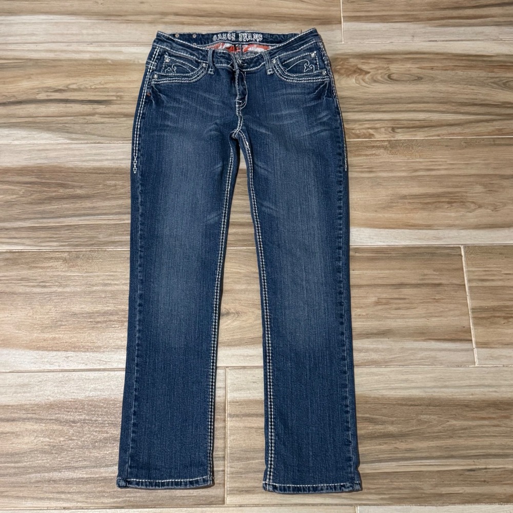 VTG Gazoz Jeans Women Size 13/14 Dark Wash Thick Contrast Stitch Rhinestone Y2K